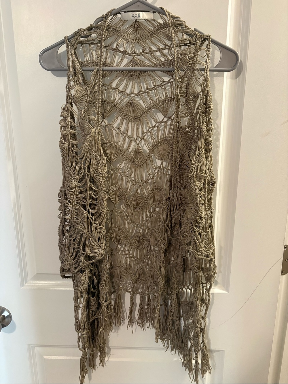 Open Knit Fringe Vest in Taupe